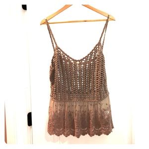 Crocheted tank top with sheer lace bottom